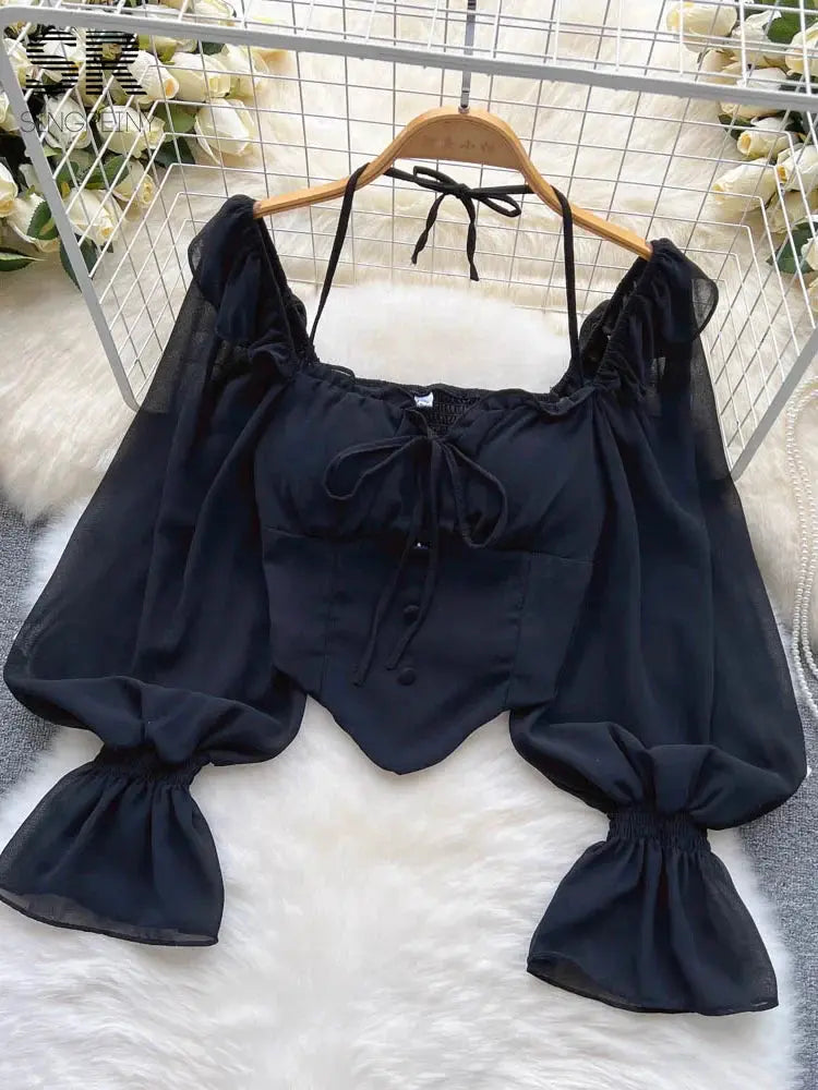 Halter Backless Blouse with Ruffle Flare Sleeves