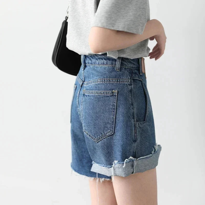 High-Waisted Retro Denim Shorts Irregular Cut Blue Jeans