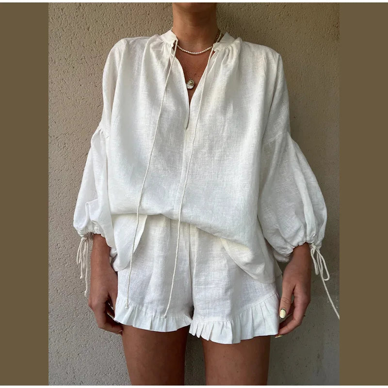 Women's Solid Cotton Linen Ruffle Shorts Suit V-neck Long Sleeve Drawstring Loose 2 Pieces Set