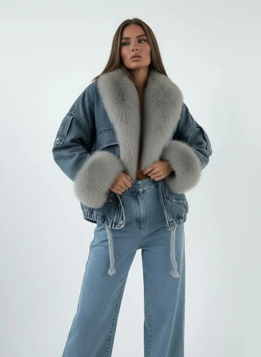Light Blue Denim & Fur Winter Coat