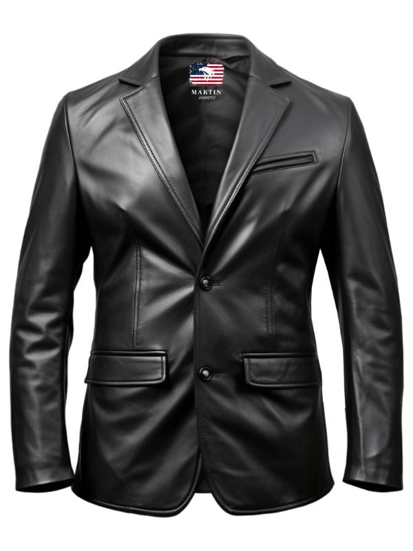 Two Button Men Black Leather Blazer – Leather Blazer for Men