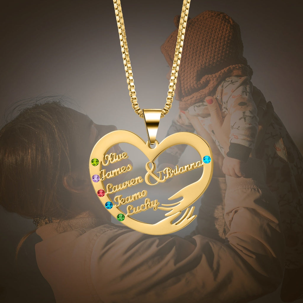 Custom Mom Necklace With Birthstones Personalized Heart Mother And Child Name Pendant