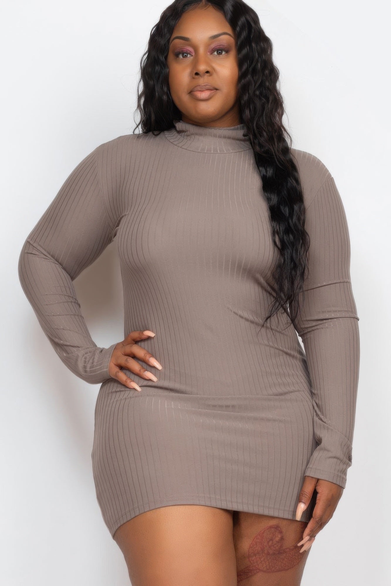 Ribbed Long Sleeve Mock Neck Mini Bodycon Dress