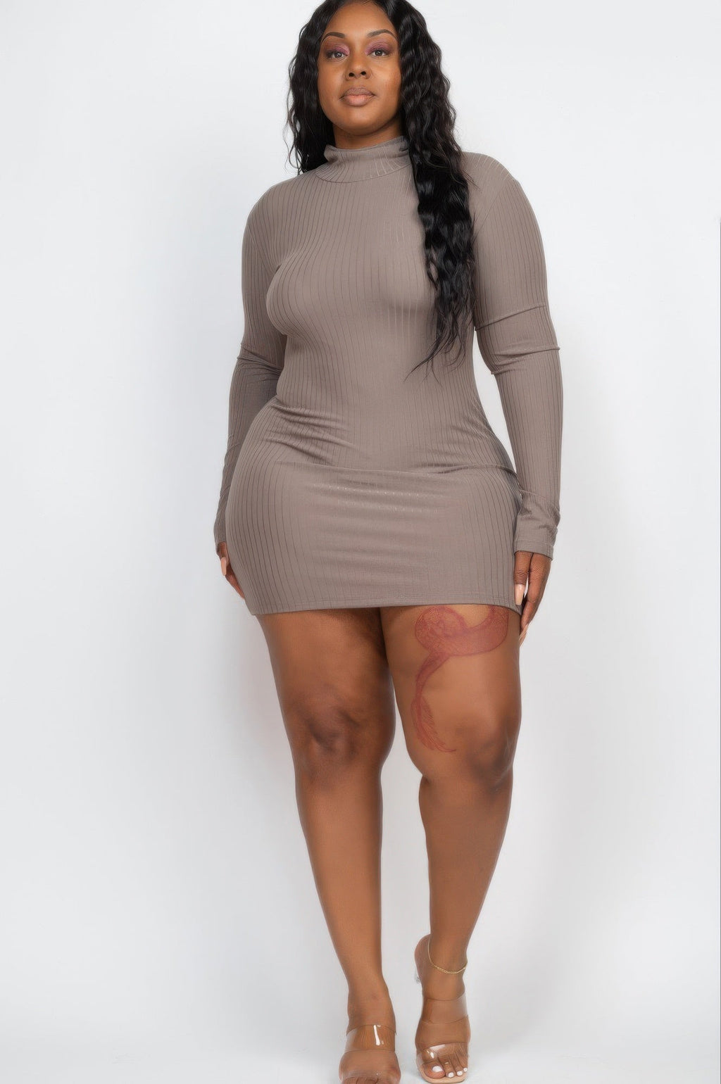 Ribbed Long Sleeve Mock Neck Mini Bodycon Dress