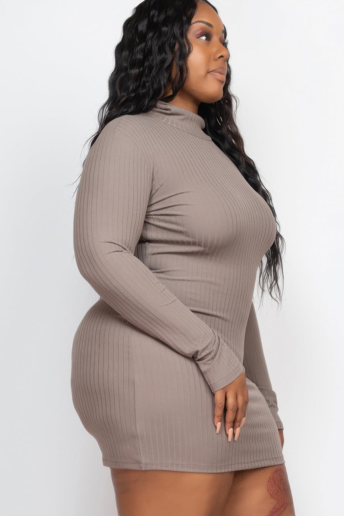 Ribbed Long Sleeve Mock Neck Mini Bodycon Dress