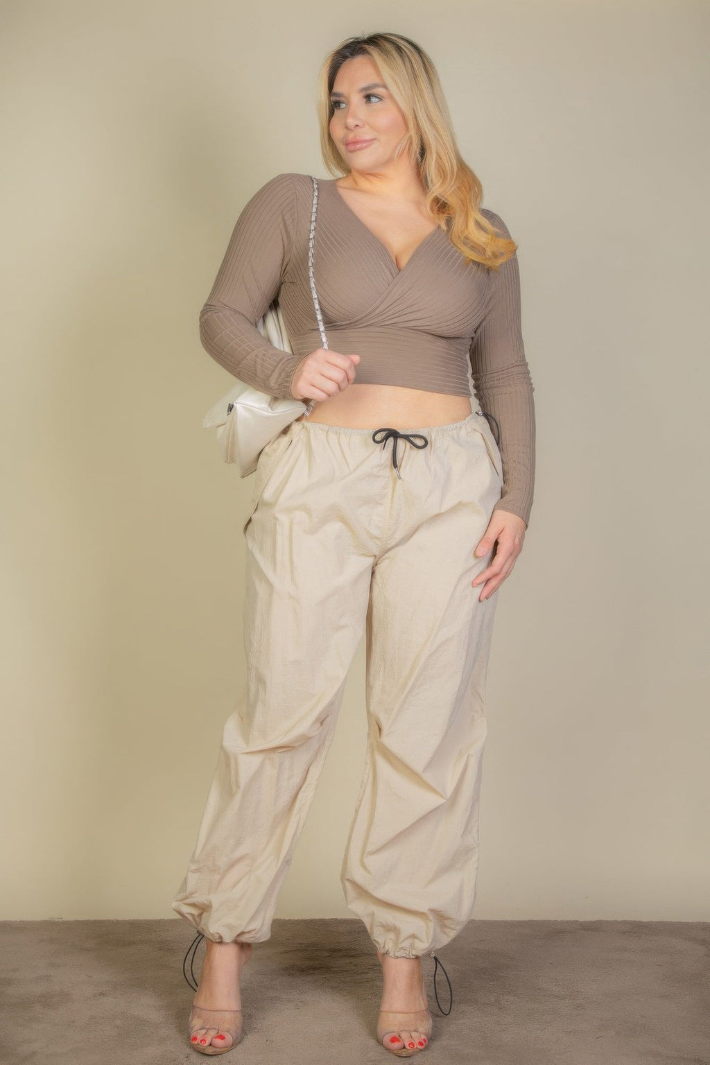 Ribbed Wrap Front Long Sleeve Top