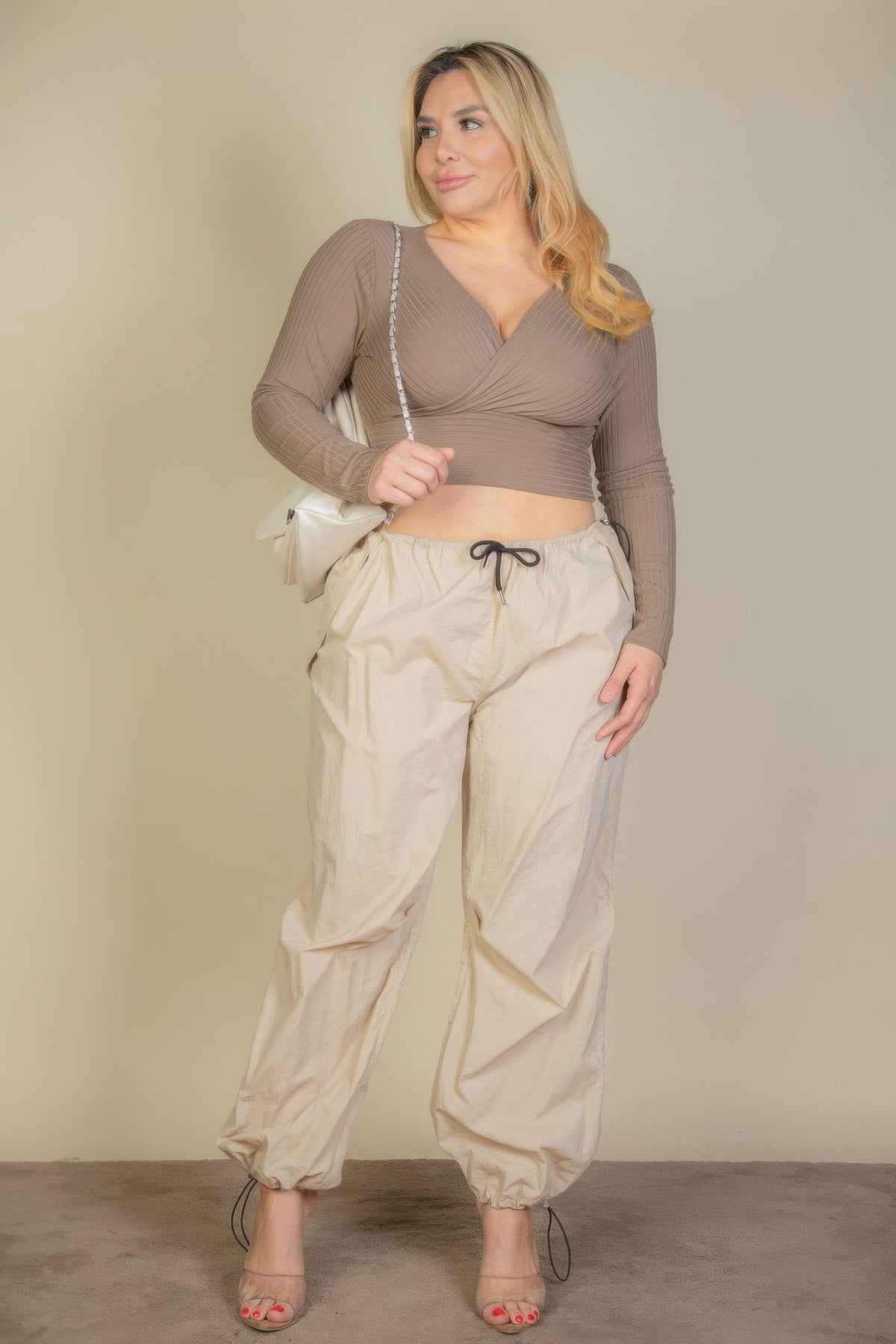 Ribbed Wrap Front Long Sleeve Top