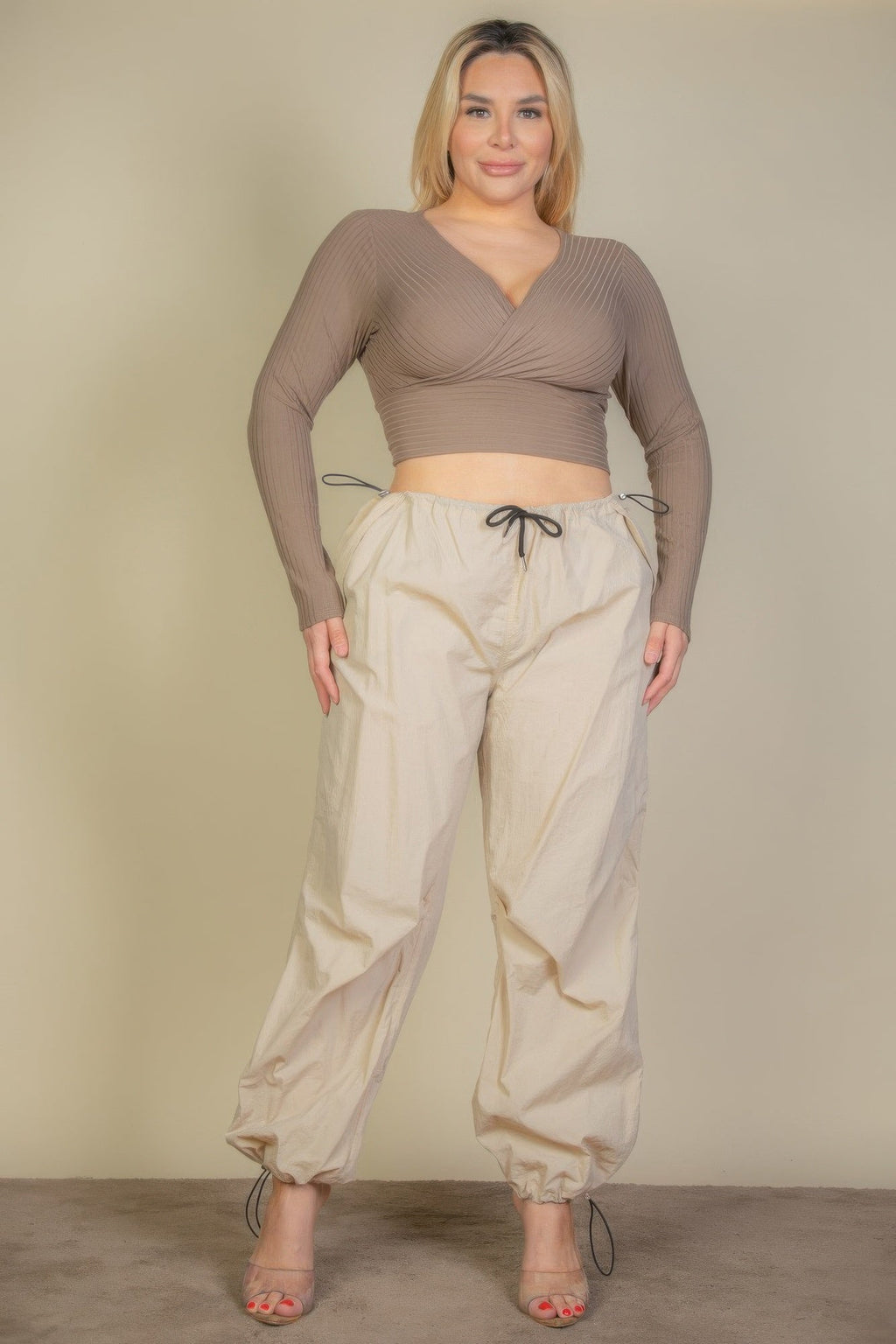 Ribbed Wrap Front Long Sleeve Top