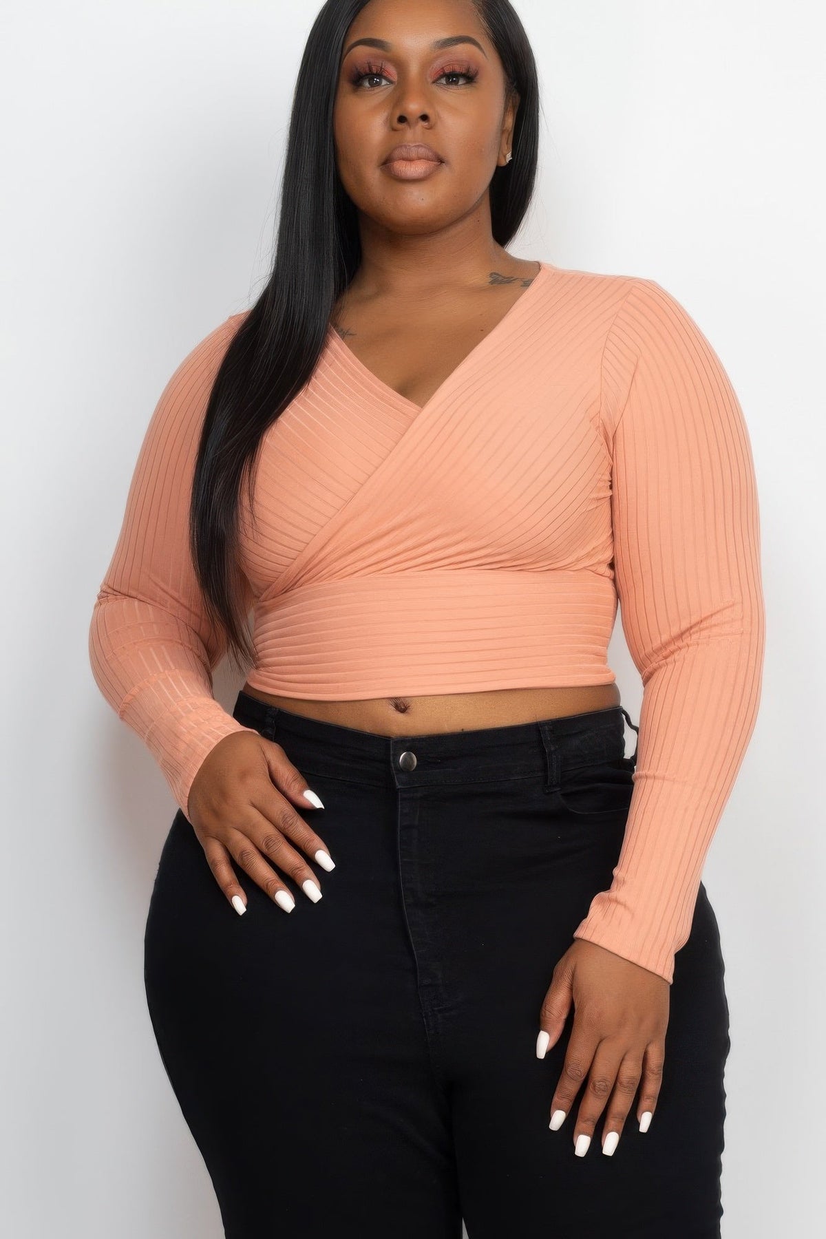 Ribbed Wrap Front Long Sleeve Top