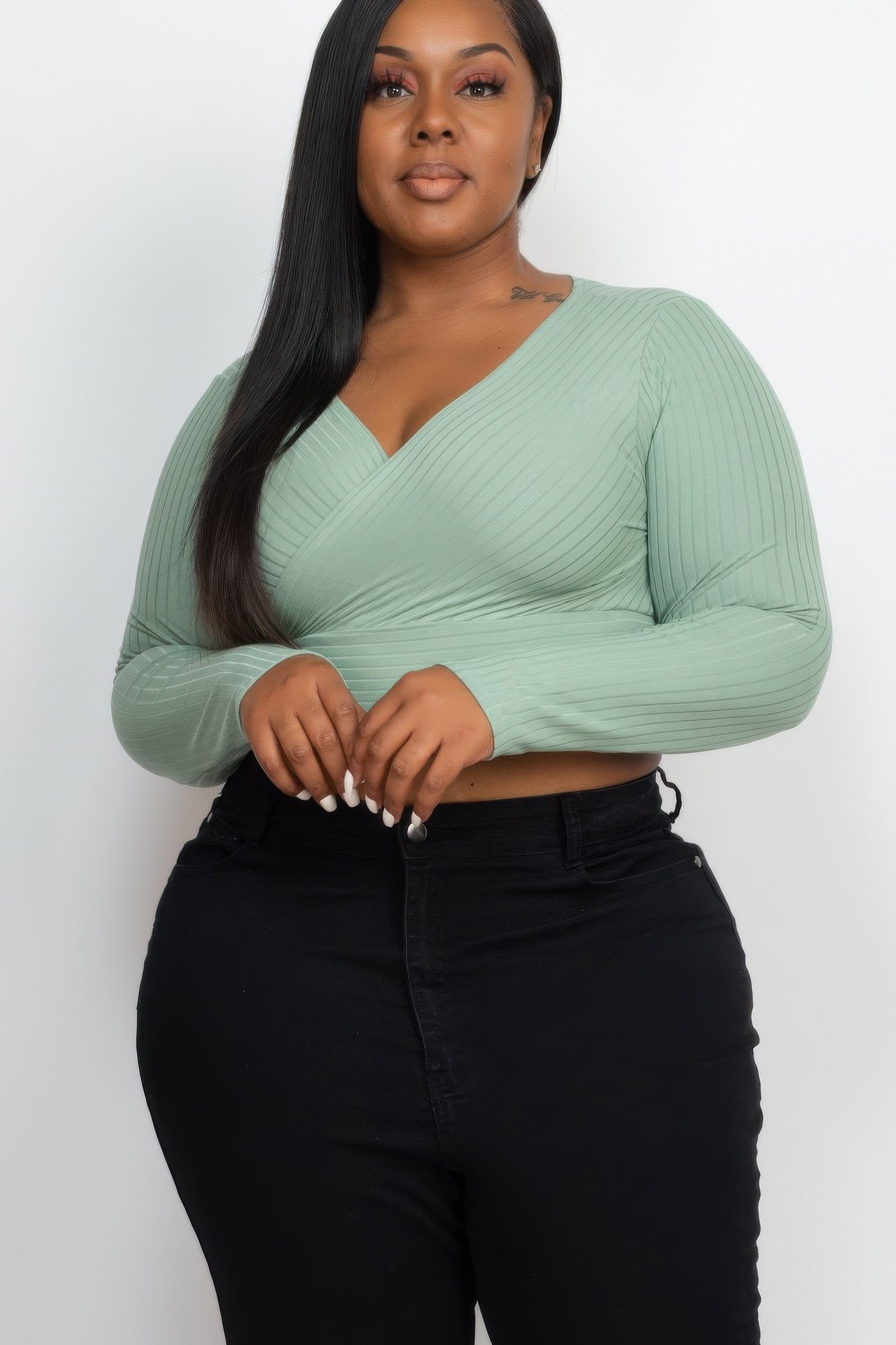 Ribbed Wrap Front Long Sleeve Top