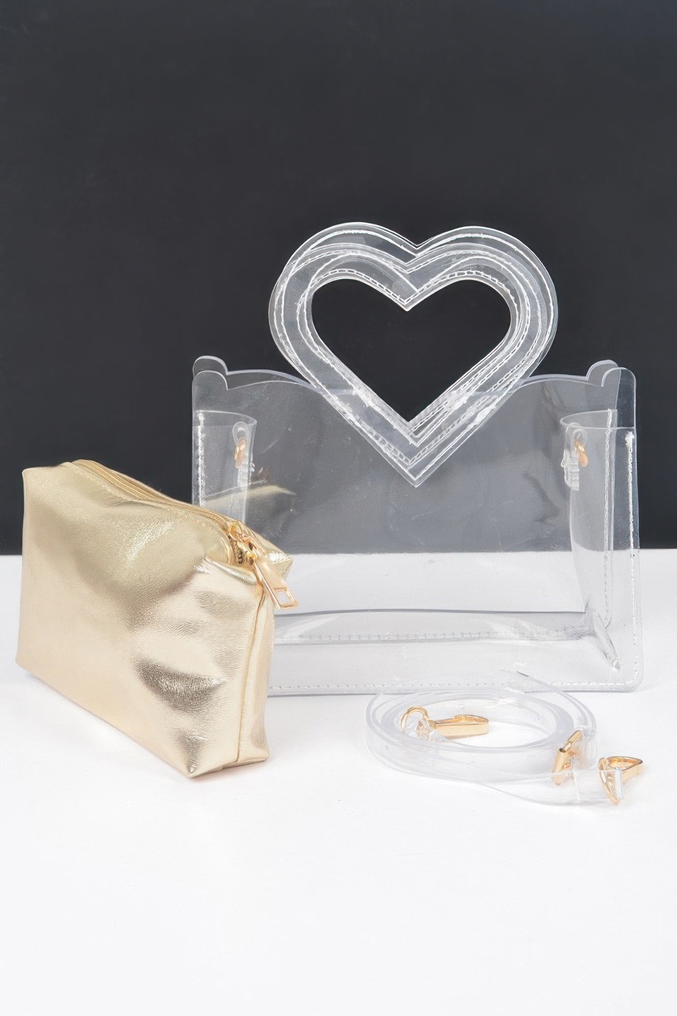 Transparent Heart Shape Handle Clutch W/pouch