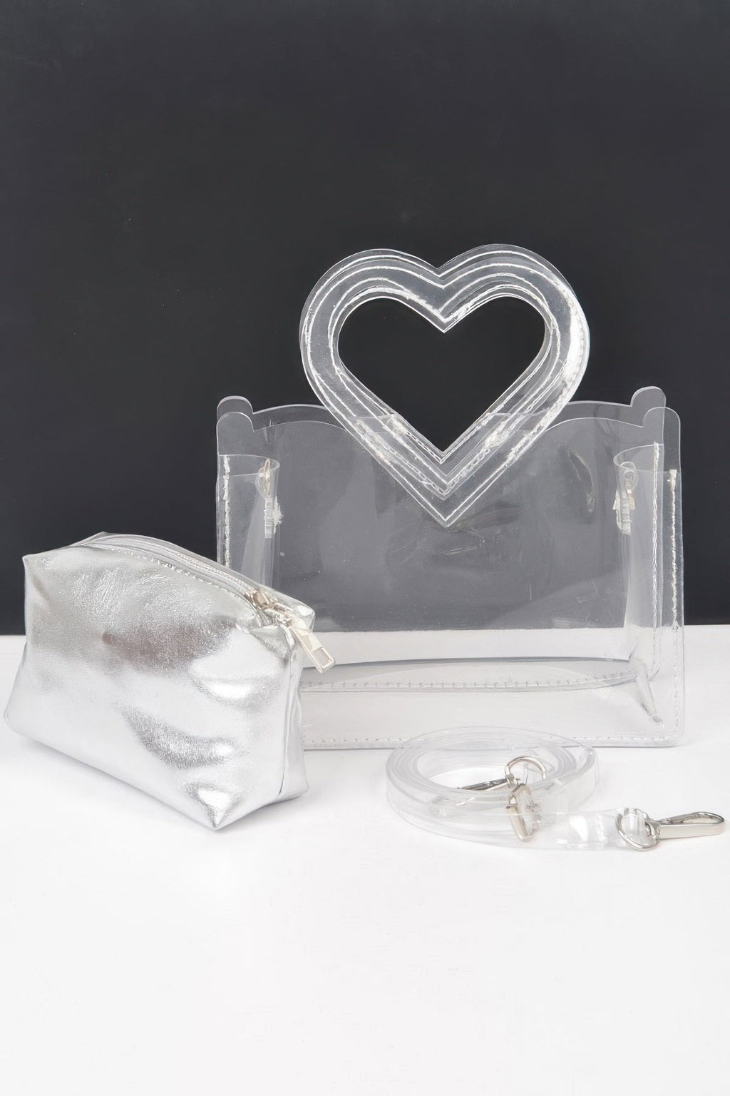 Transparent Heart Shape Handle Clutch W/pouch