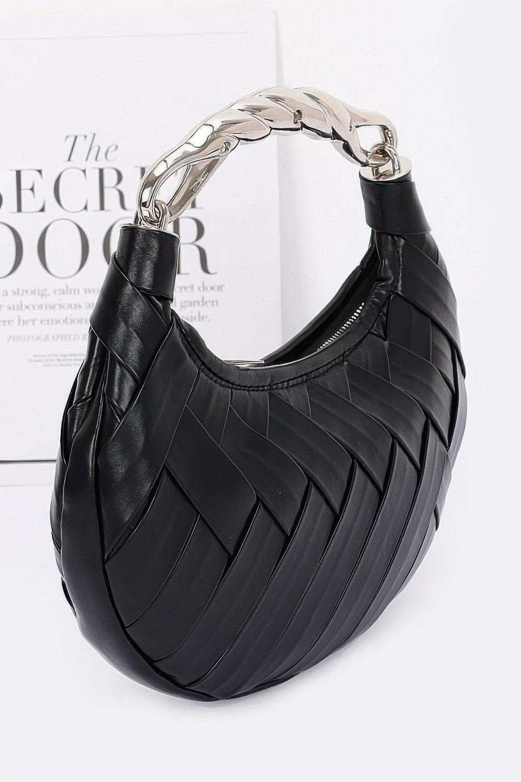 Faux Leather Braided Metal Handle Clutch