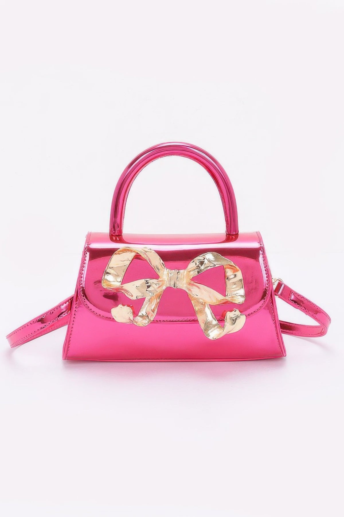 Faux Mirror Leather Ribbon Metal Top Handle Bag