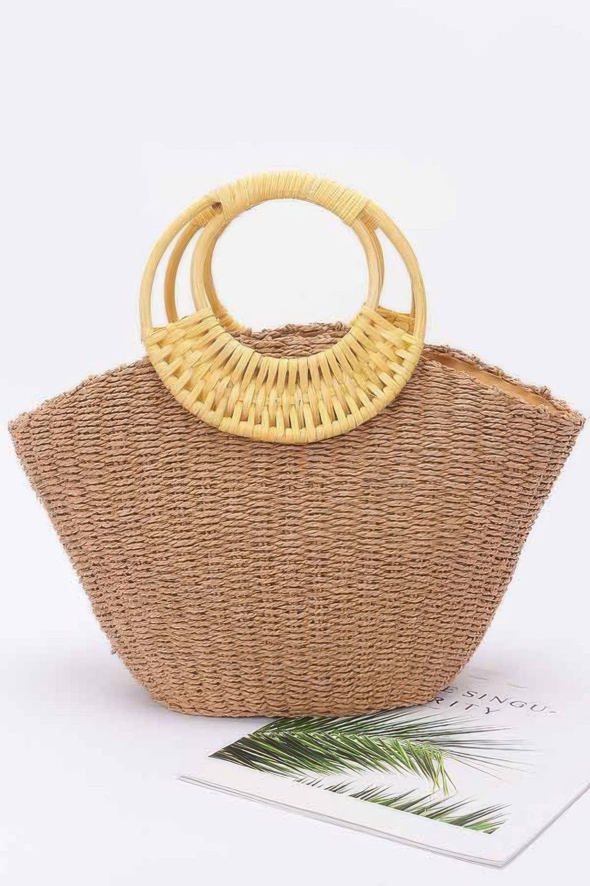 Faux Straw Bamboo Handle Tote Bag