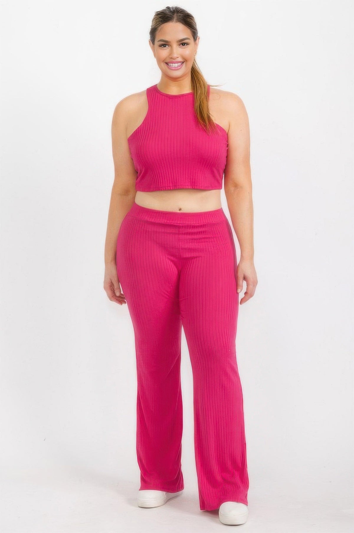Ribbed Cropped Top And Bootcut Pants Sets