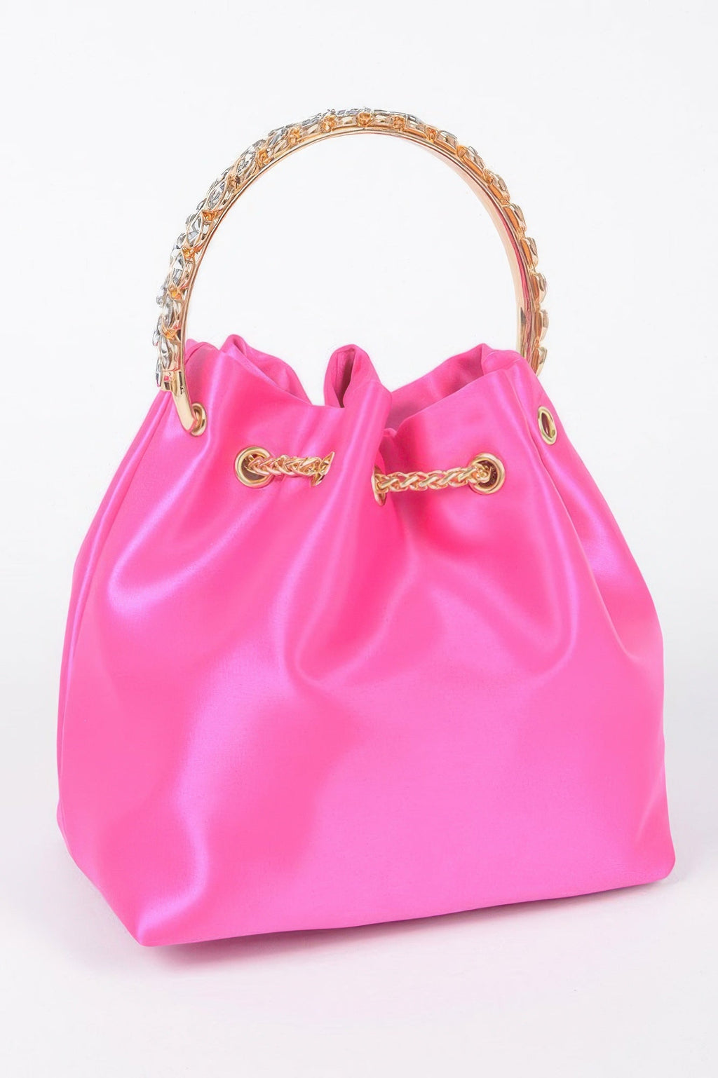 Rhinestone Top Handle Satin Bucket Bag