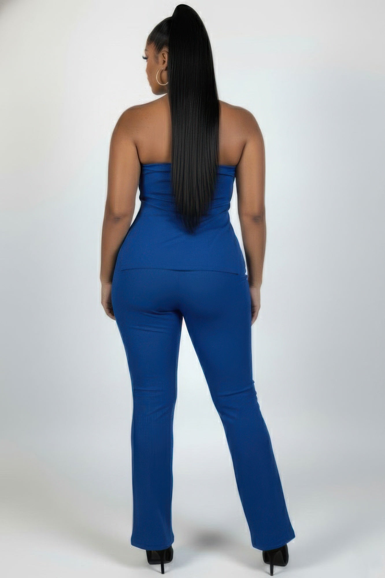 Ultra-fine Ribbed Slit Tube Top & High-waist Flare Pants Set