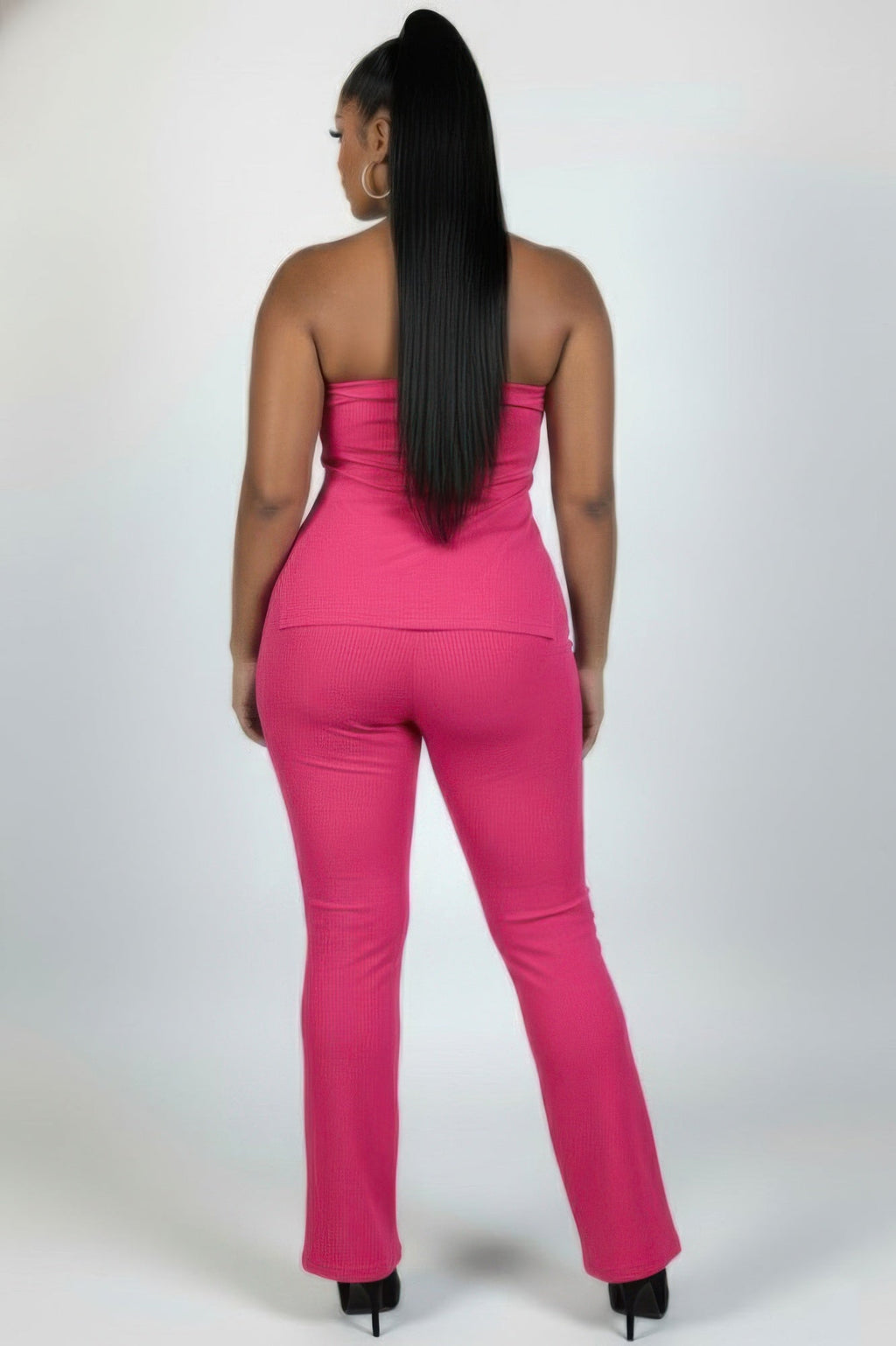 Plus Size Ultra-fine Ribbed Slit Tube Top & High-waist Flare Pants Set