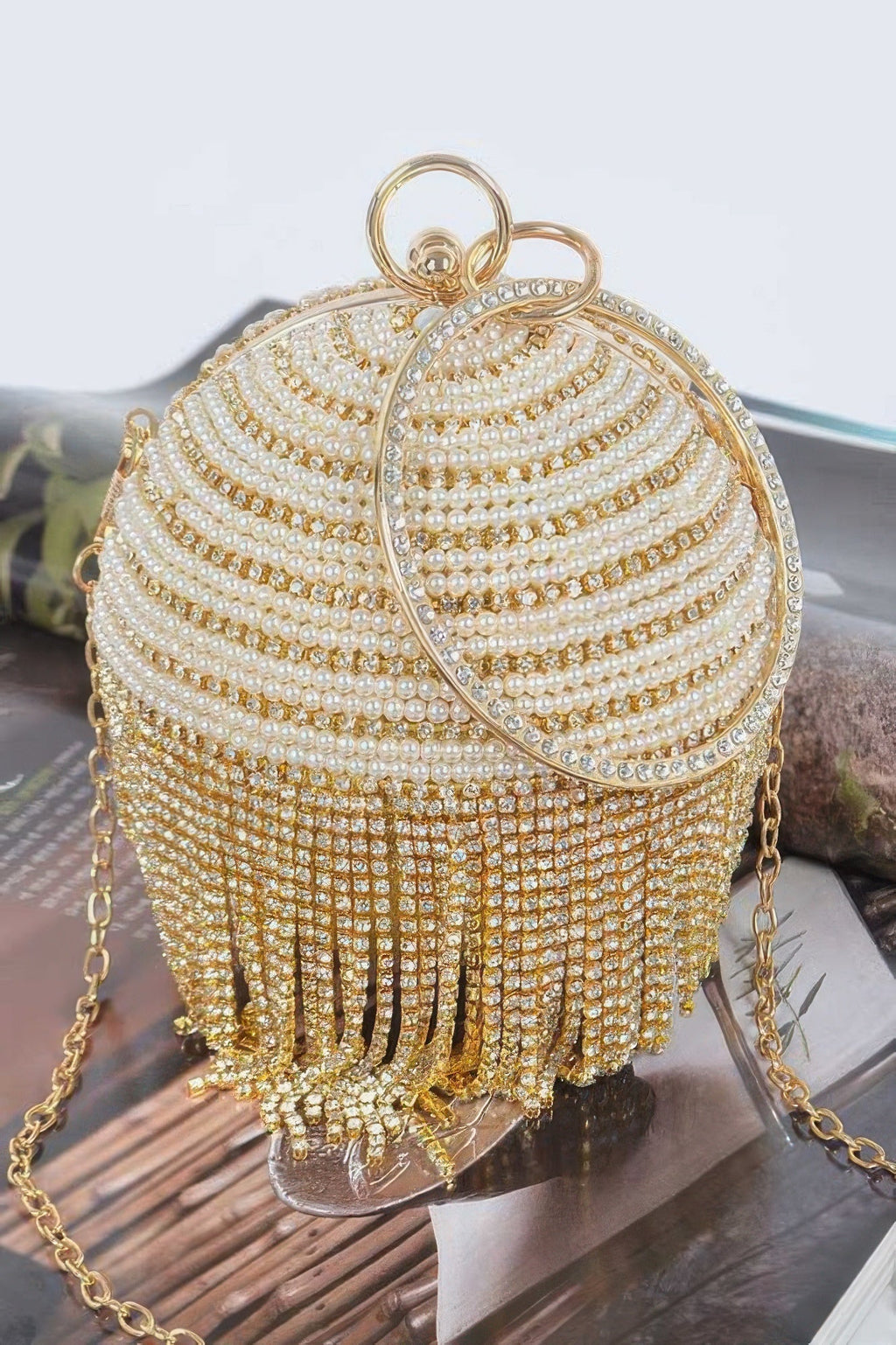Round Rhinestone Fringe Bag W Faux Pearl