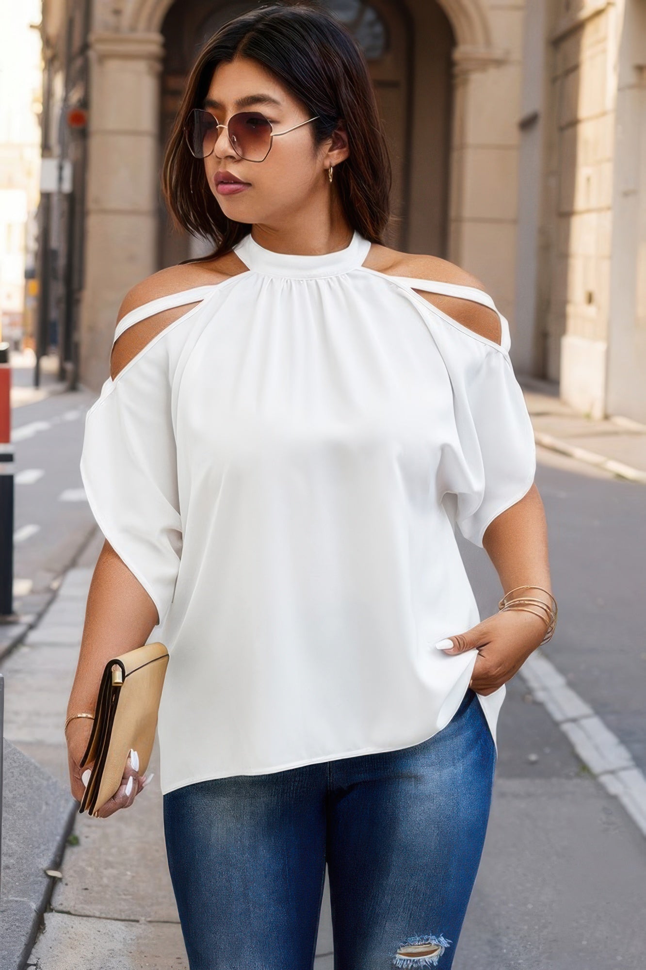 Plus Halter Open Shoulder Bat Sleeves Loose Top