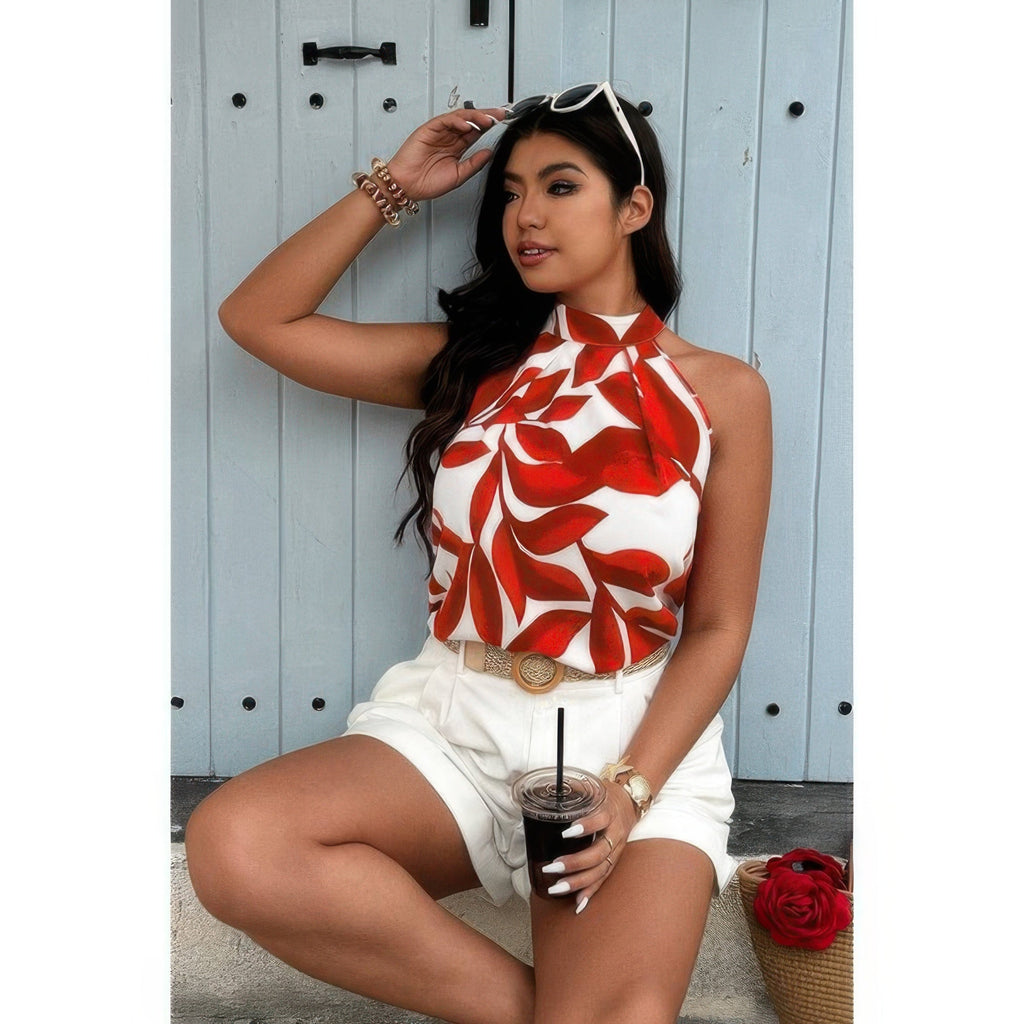 Plus Plant Print Halter Sleeveless Loose Blouse