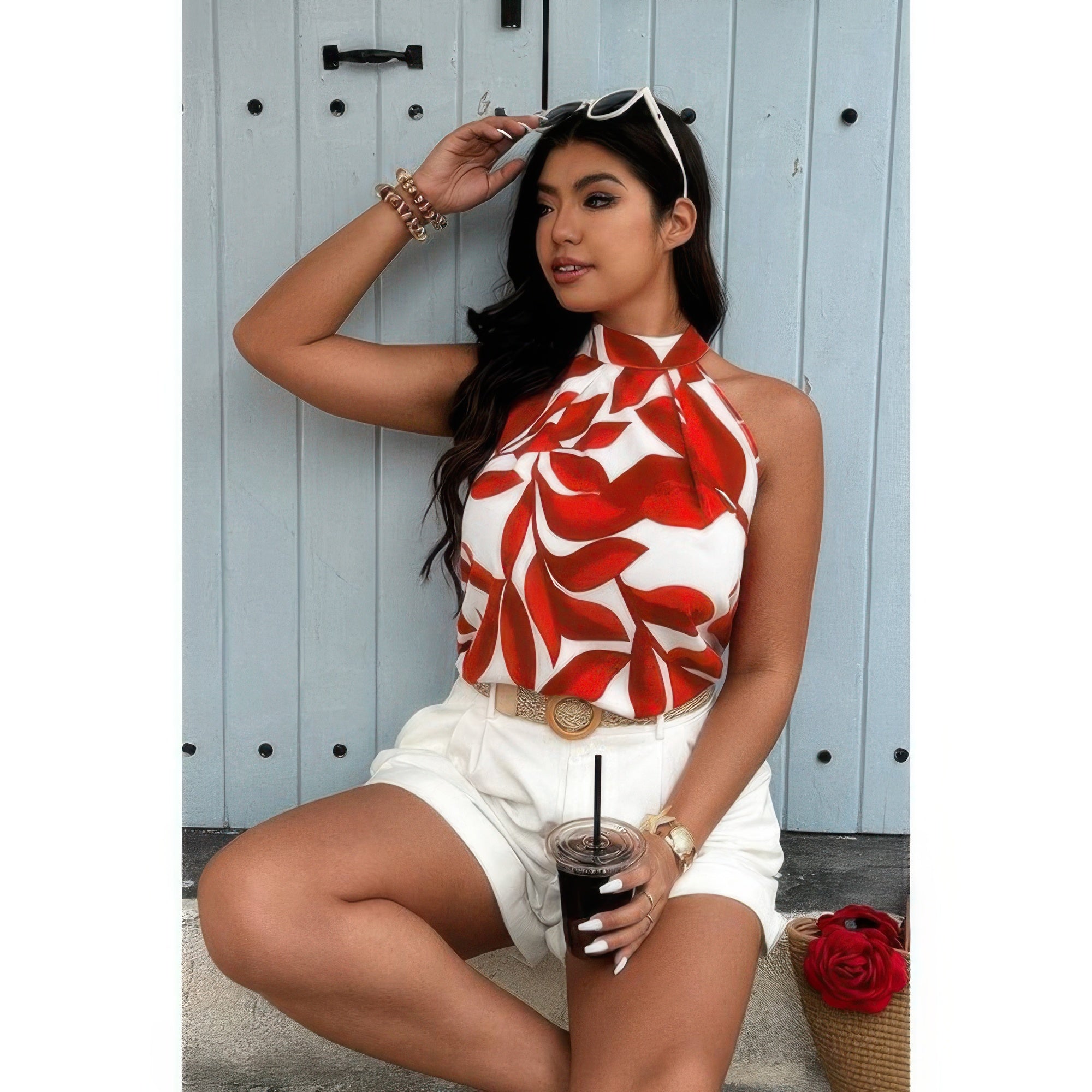 Plus Plant Print Halter Sleeveless Loose Blouse