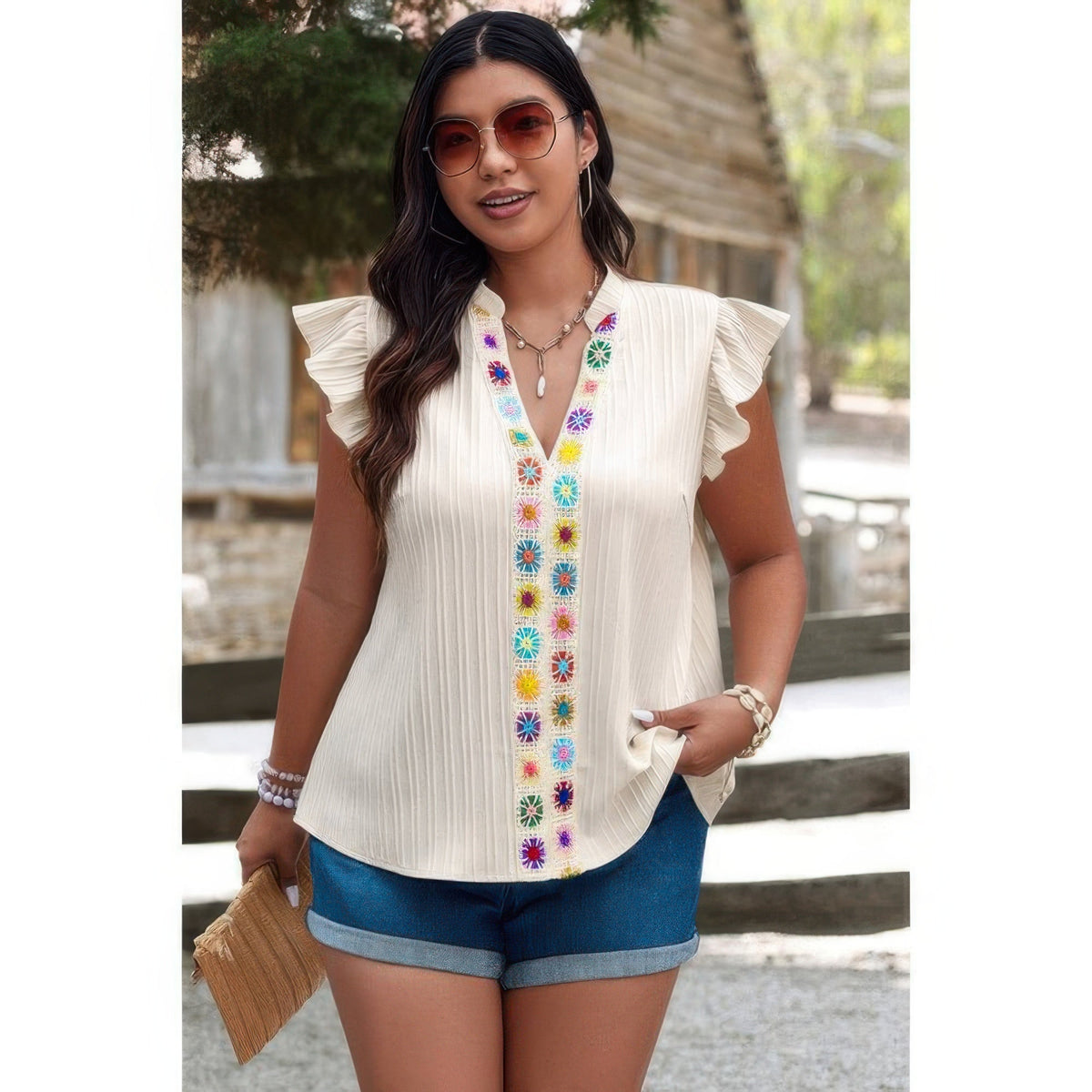 Plus Size Pleated Print V Neck Ruffle Fit Shirt