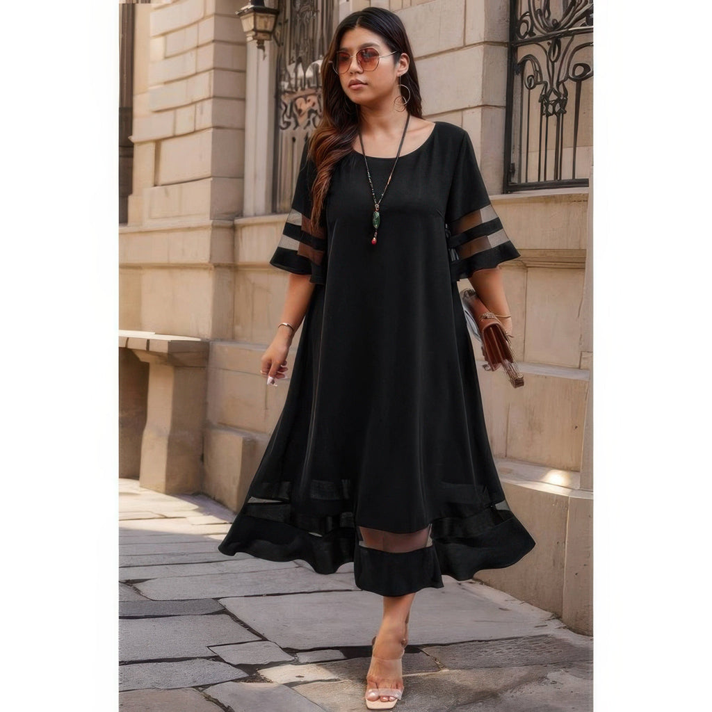 Plus Size Mesh Splicing Round Neck Long Dress