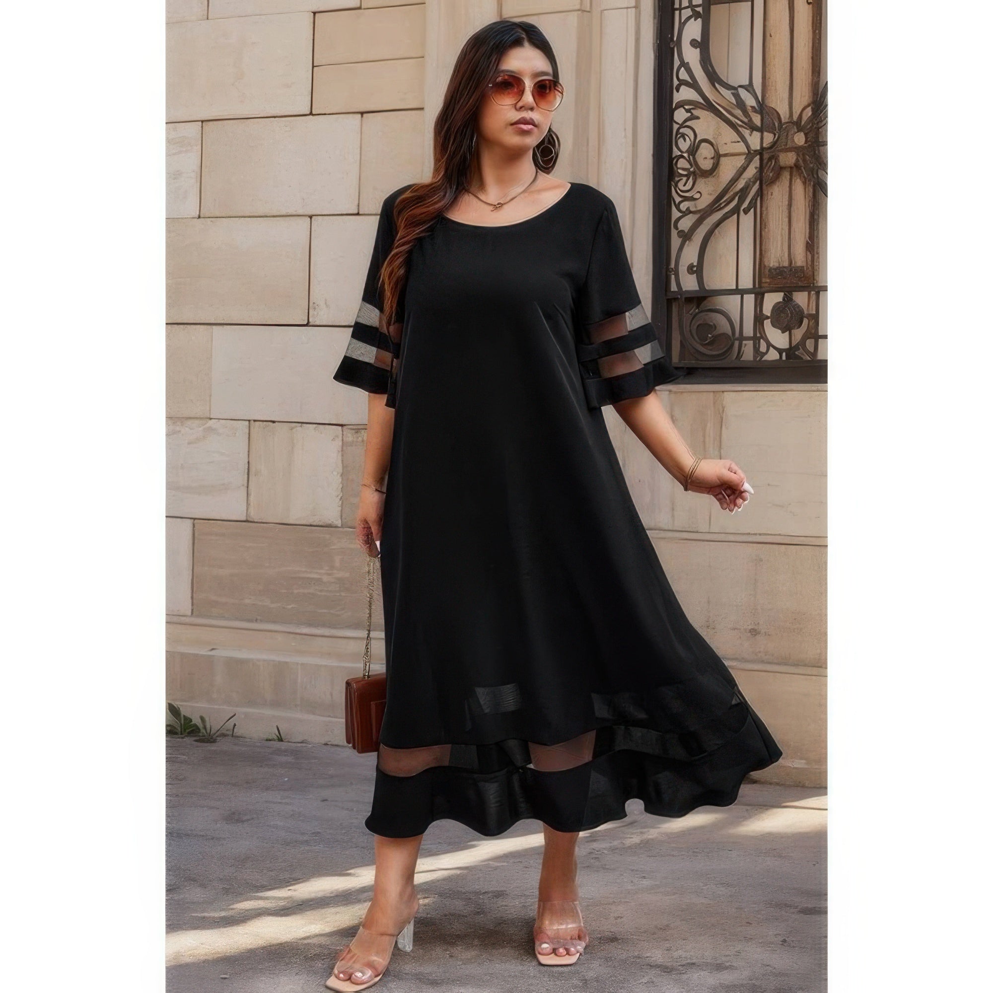 Plus Size Mesh Splicing Round Neck Long Dress