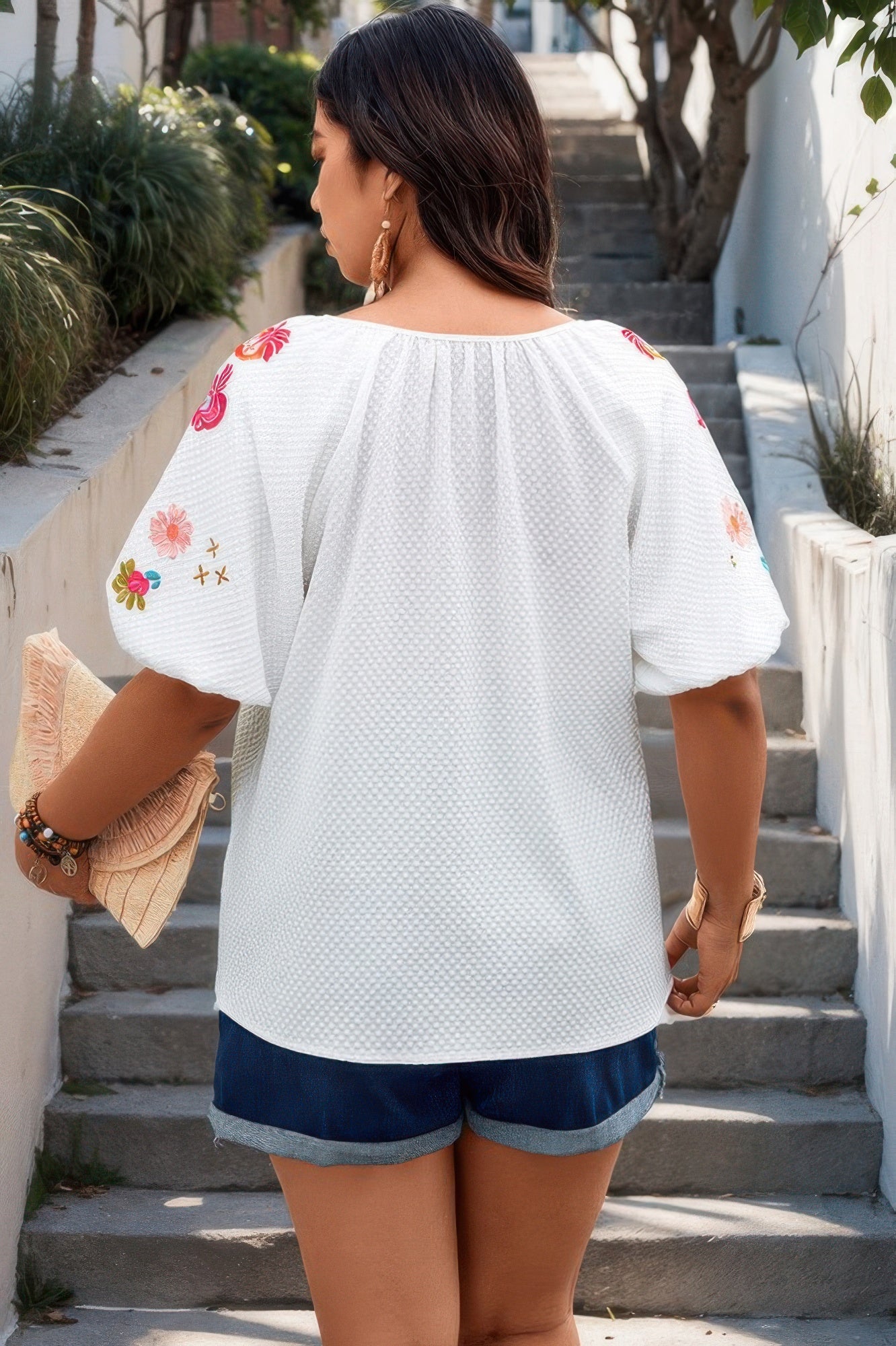 Floral V Neck Ruffle Puff Sleeve Lace Blouse