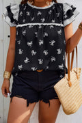 Plus Size Ruffle Hem Random Print Loose Shirt