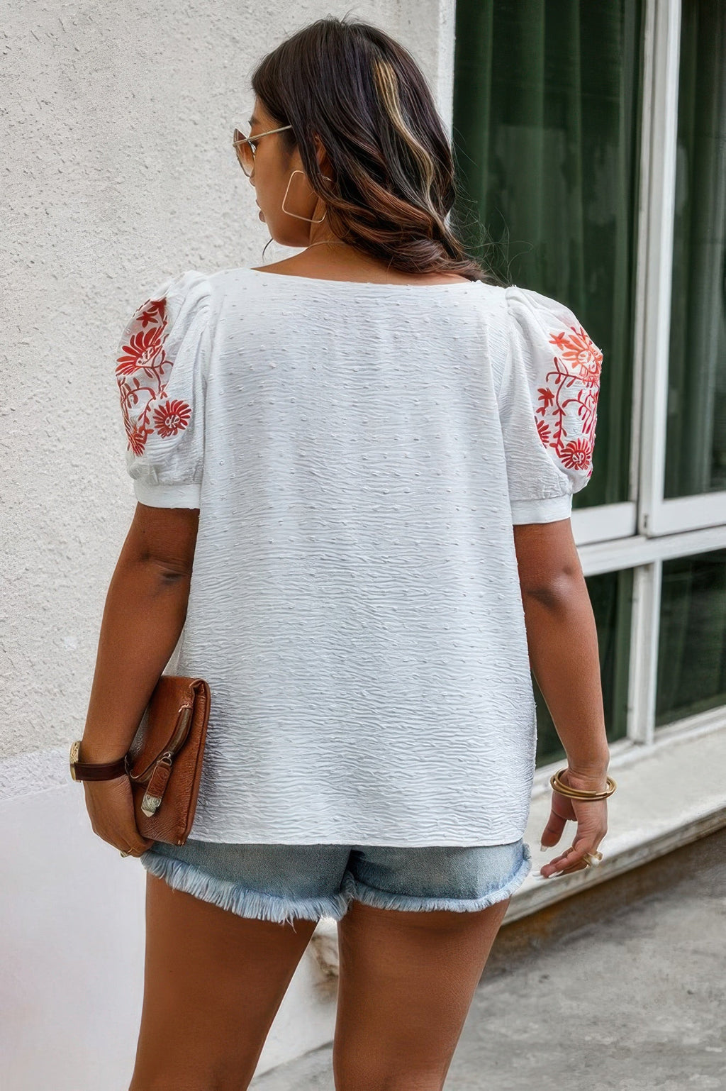 Plus Size Square Neck Floral Puff Sleeve Shirt