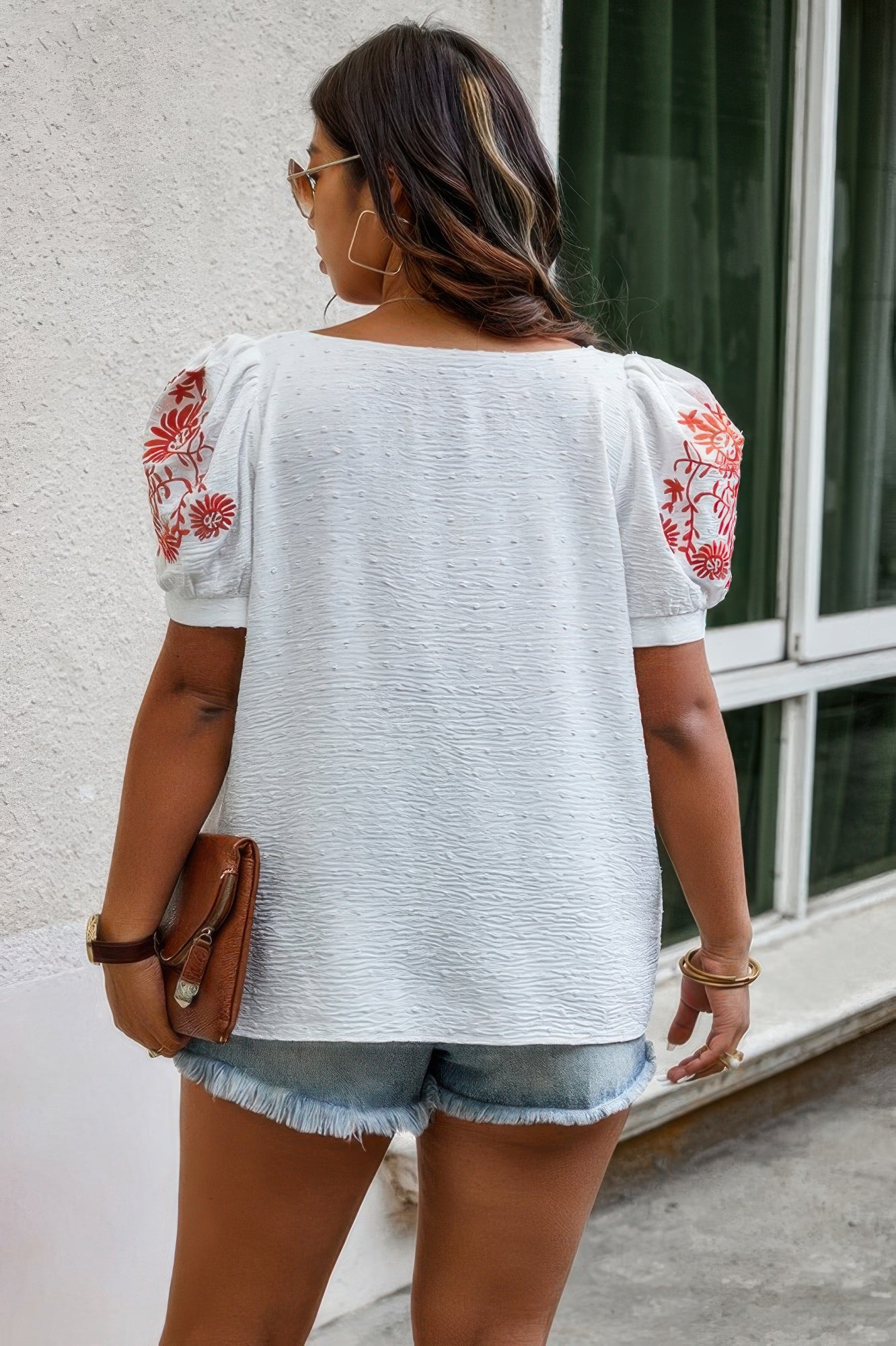 Plus Size Square Neck Floral Puff Sleeve Shirt