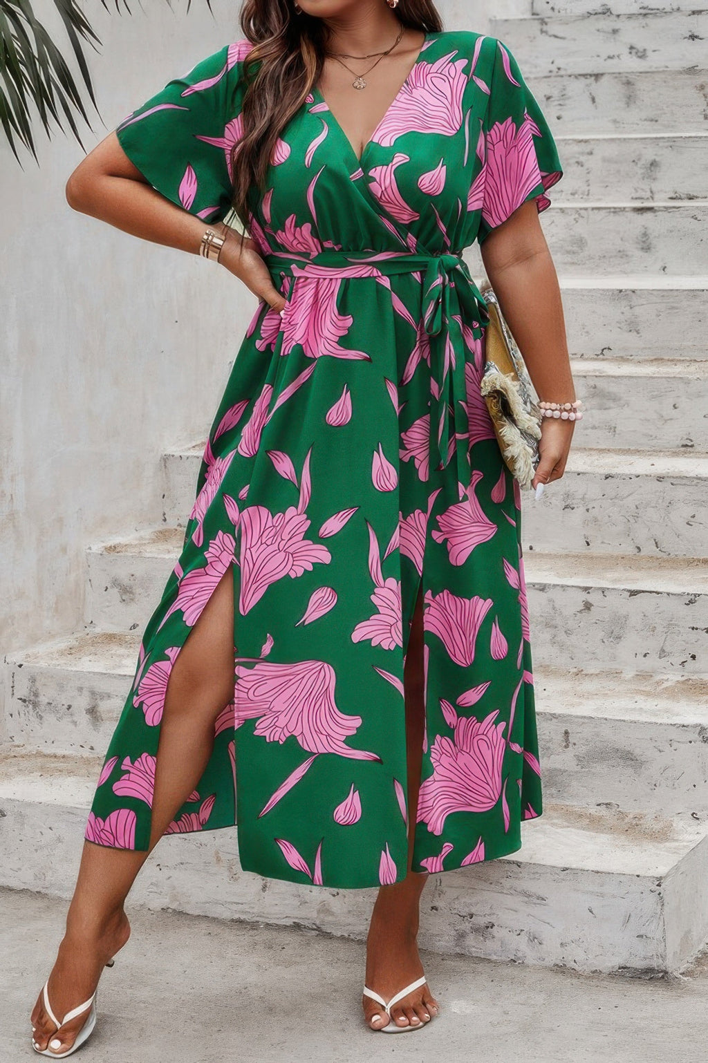 Plus Floral Short Sleeve Split Belted Midi Dress