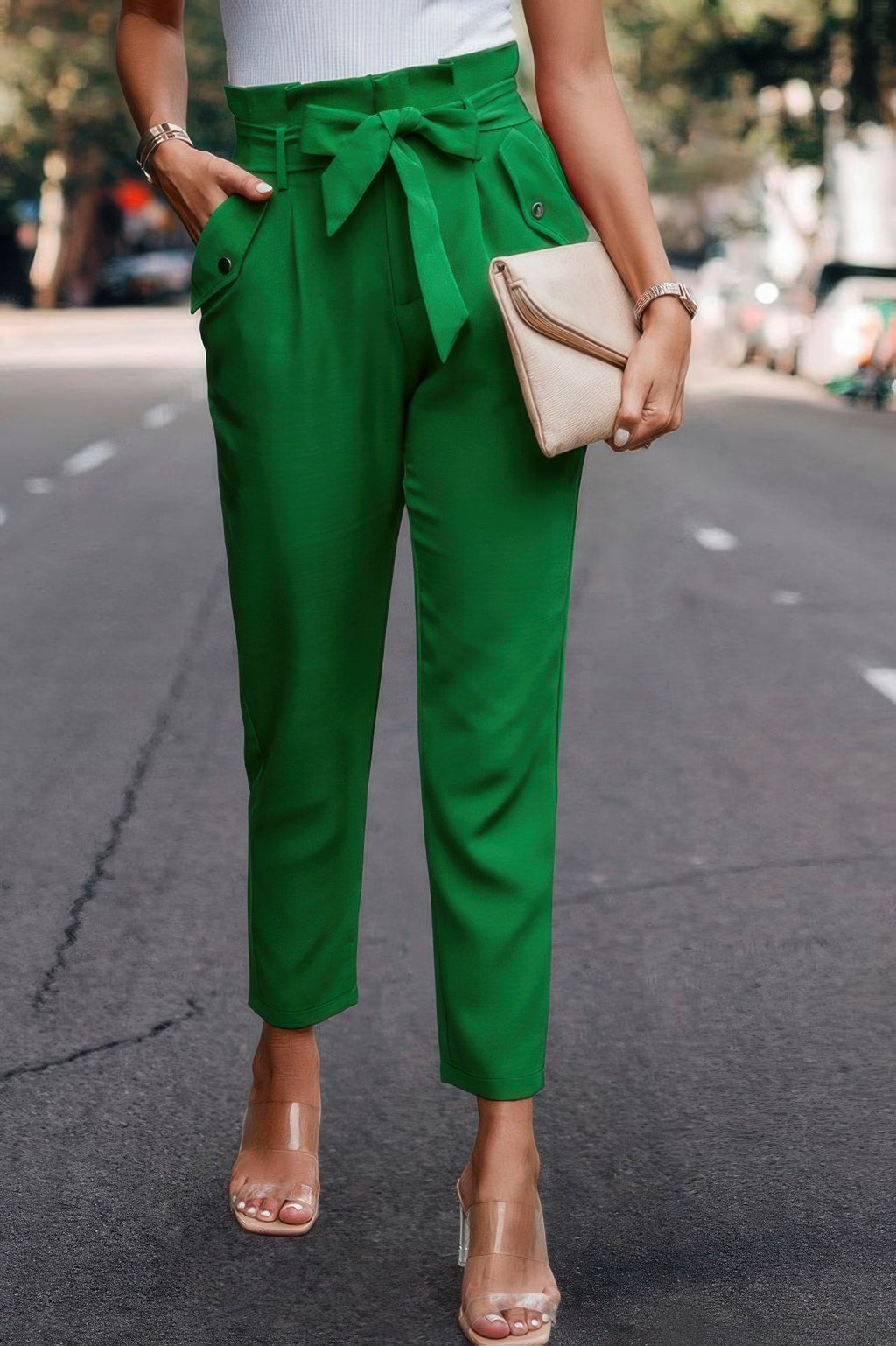 Ruffle Belt Pocket Solid Skinny Pants
