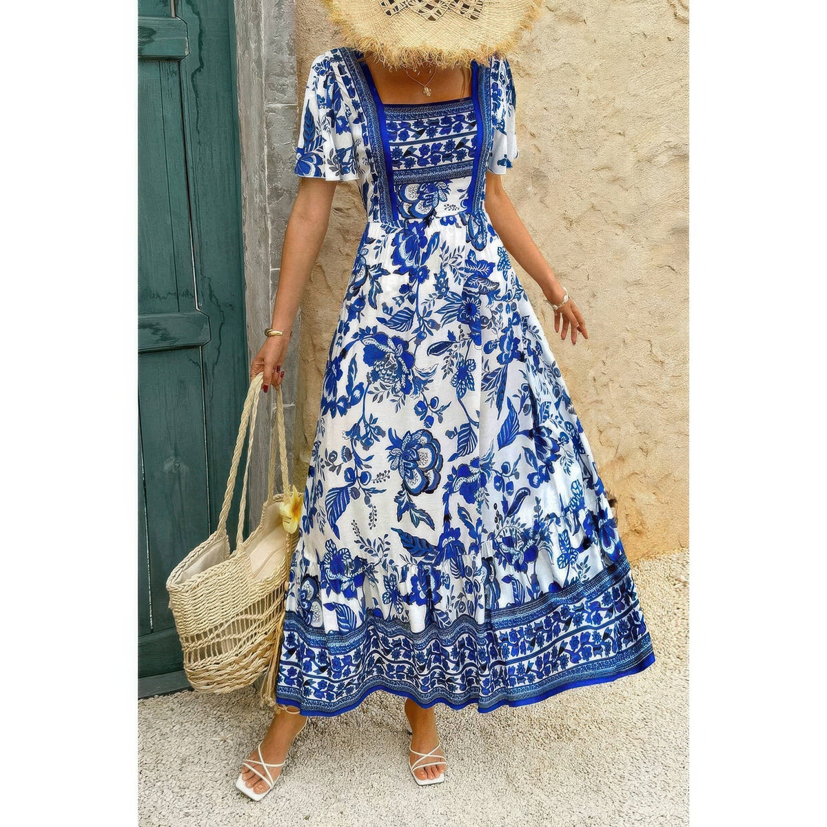 Square Neck Floral Printed Ankle Length A Line Dress