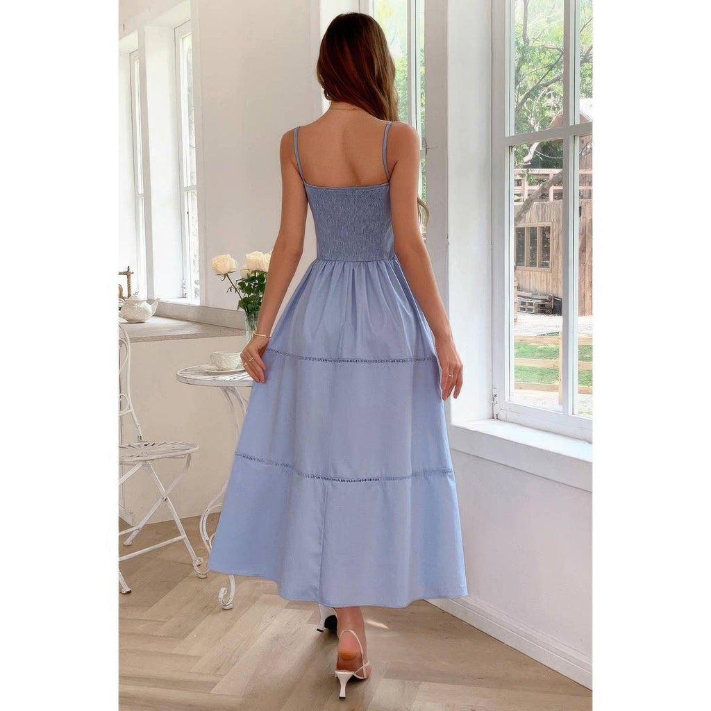 Solid Button Decor Pintuck Eyelet Shirred Dress