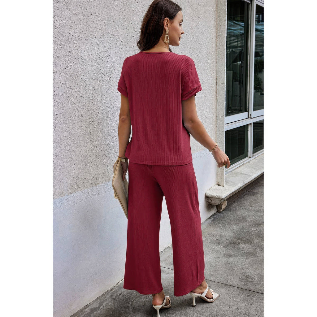 Solid Knit Pockets Button Up Two Pieces V Neck Set