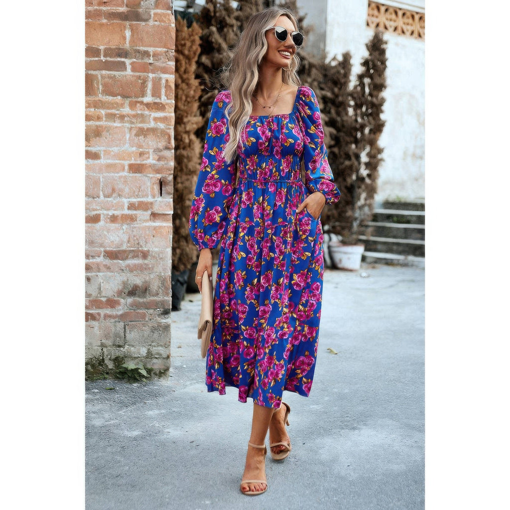 Floral High Elastic Waist Square Neck Pocket Dress