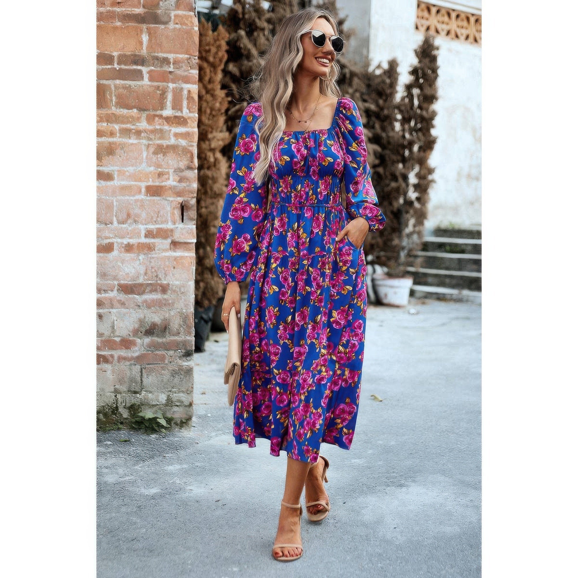 Floral High Elastic Waist Square Neck Pocket Dress
