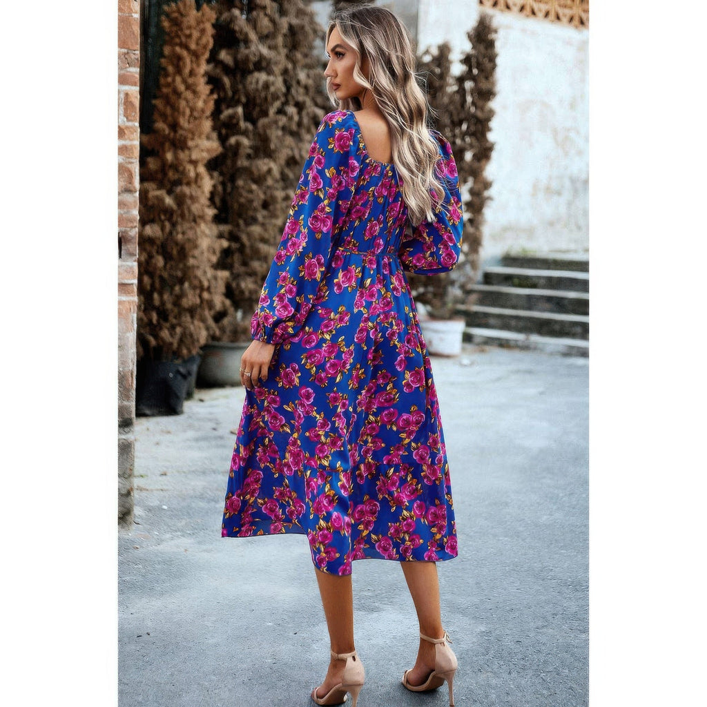 Floral High Elastic Waist Square Neck Pocket Dress
