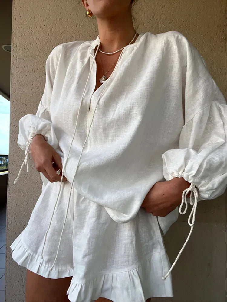 Women's Solid Cotton Linen Ruffle Shorts Suit V-neck Long Sleeve Drawstring Loose 2 Pieces Set