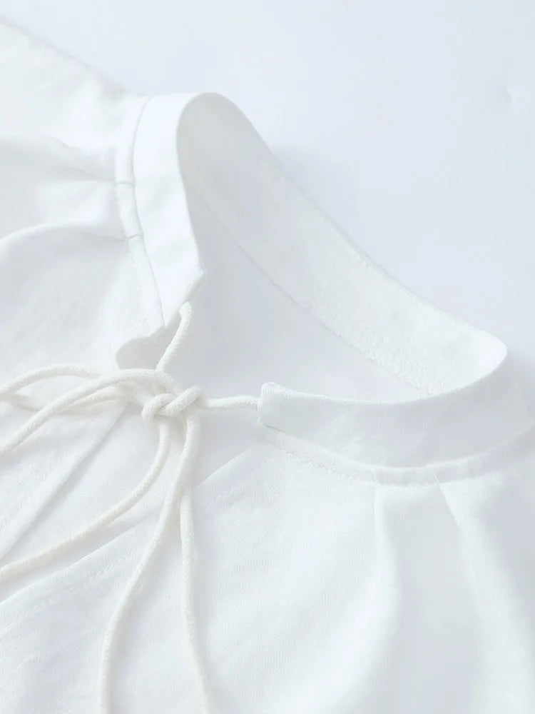 Women's Solid Cotton Linen Ruffle Shorts Suit V-neck Long Sleeve Drawstring Loose 2 Pieces Set