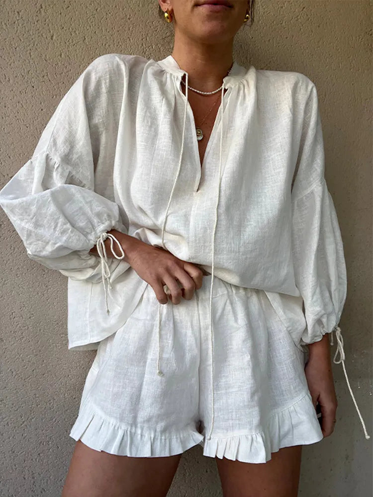 Women's Solid Cotton Linen Ruffle Shorts Suit V-neck Long Sleeve Drawstring Loose 2 Pieces Set