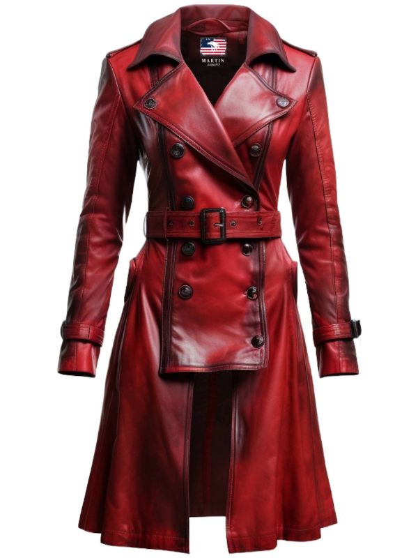 Women’s Distressed Red Leather Long Coat