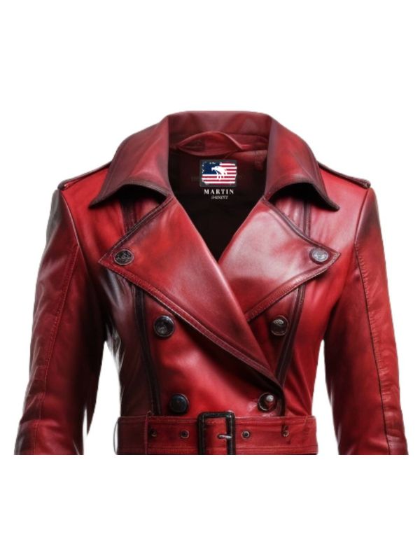 Women’s Distressed Red Leather Long Coat