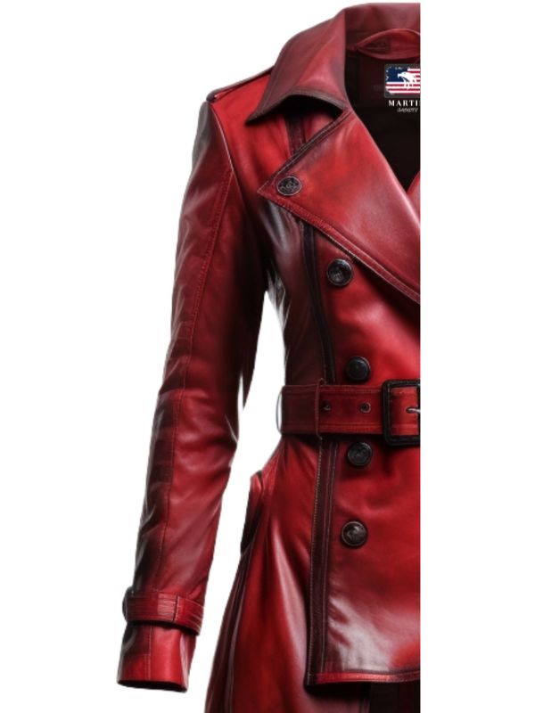 Women’s Distressed Red Leather Long Coat