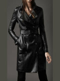 Women Military Style Black Leather Coat