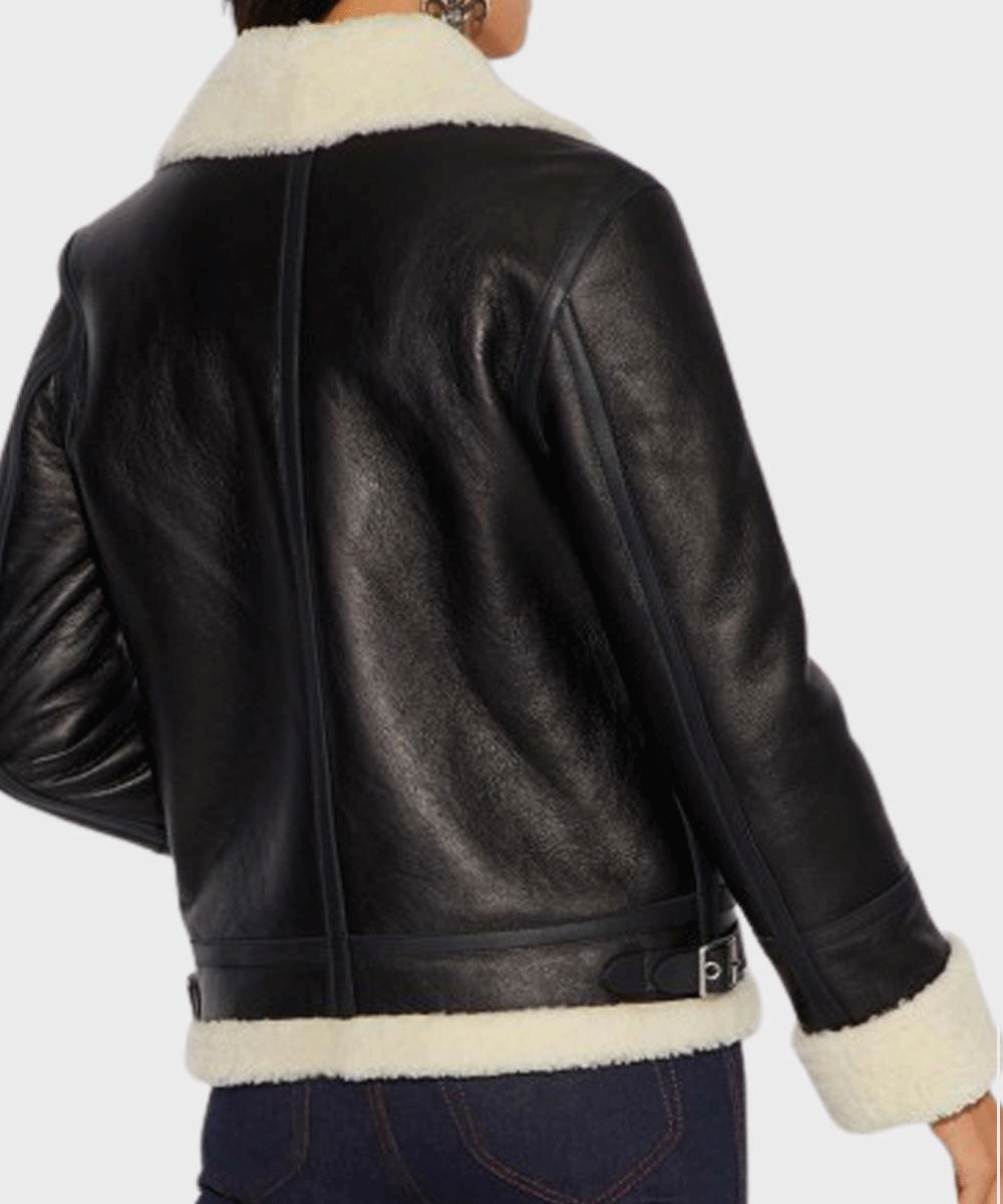 Women's Black B3 Aviator Ivory Shearling Leather Jacket